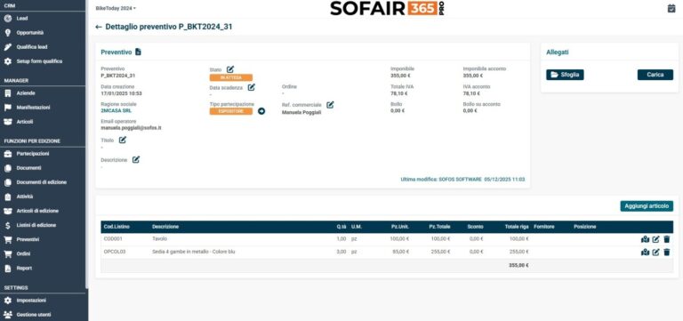 dettaglio preventivo per il software per la gestione fieristica