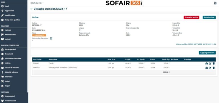 dettaglio ordine per il software per la gestione fieristica